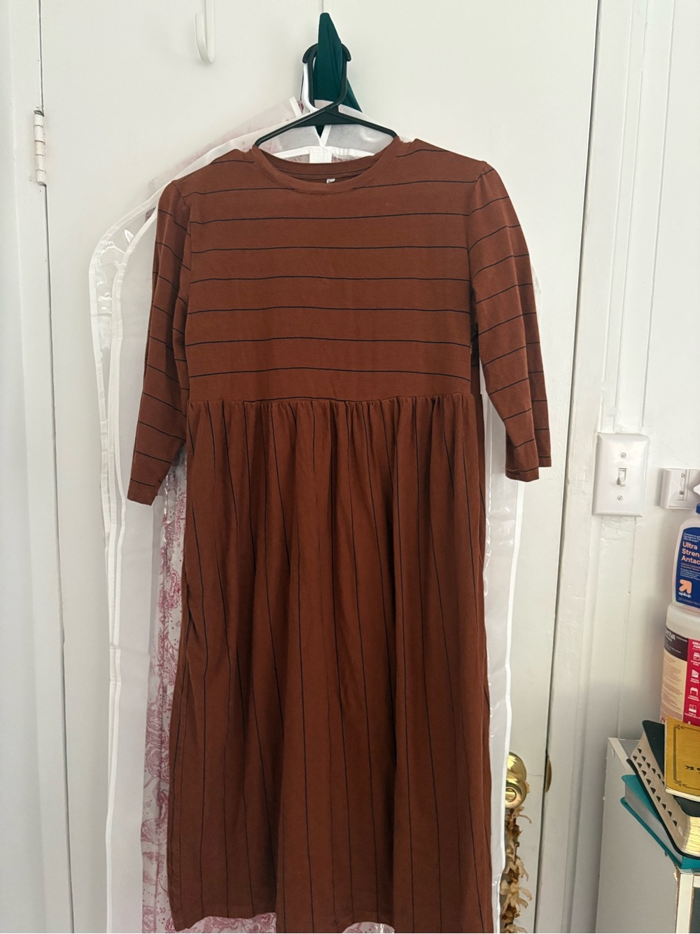 Women’s Midi Dress in Rust Brown - Striped Long Sleeve